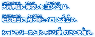 天青学園に転校した【主人公】は、転校初日に【竜ヶ崎ヒイロ】と出会い、シャドウバースと【シャドバ部】のことを知る。